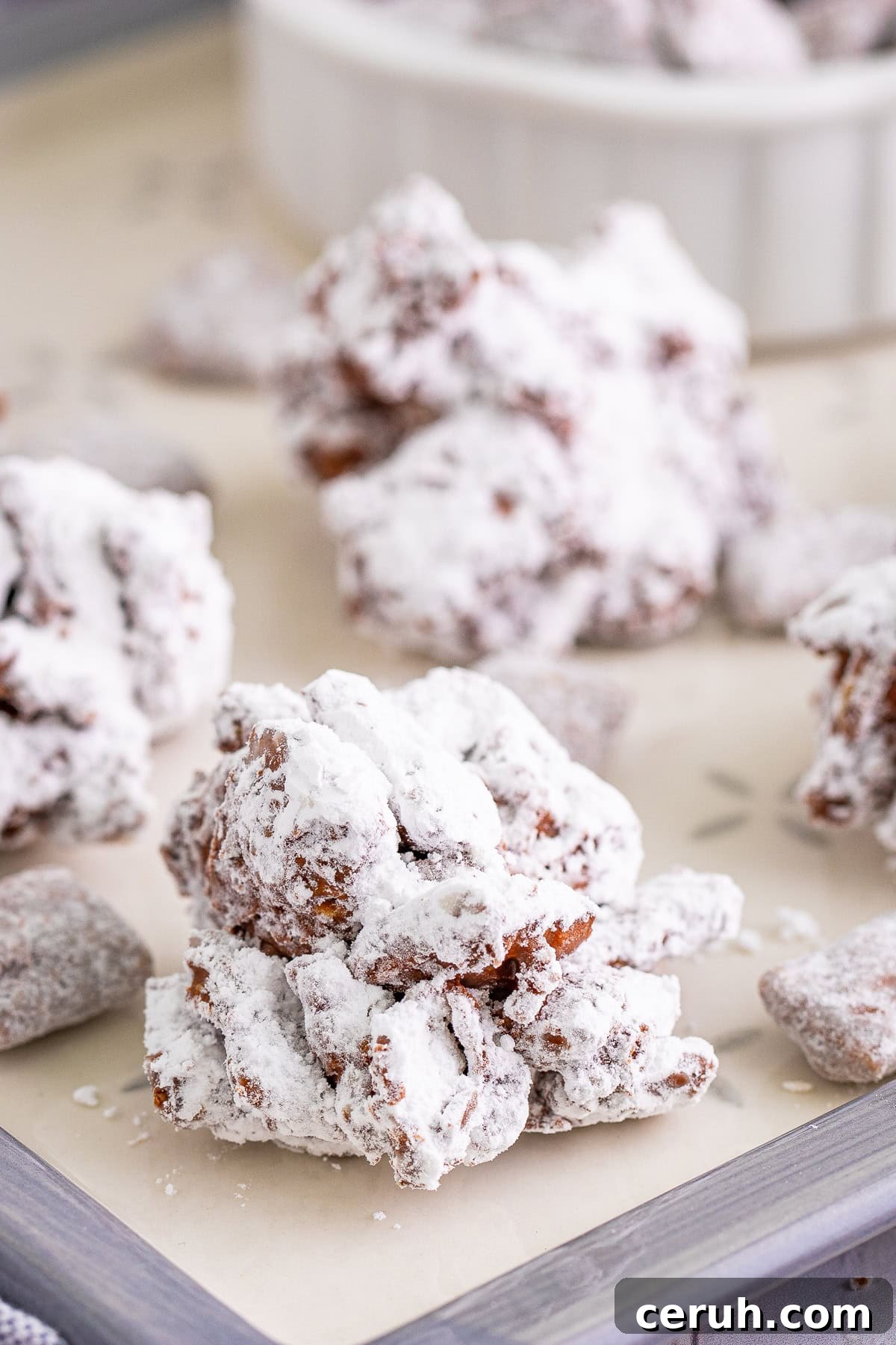 Muddy Buddy Cookies on tray.