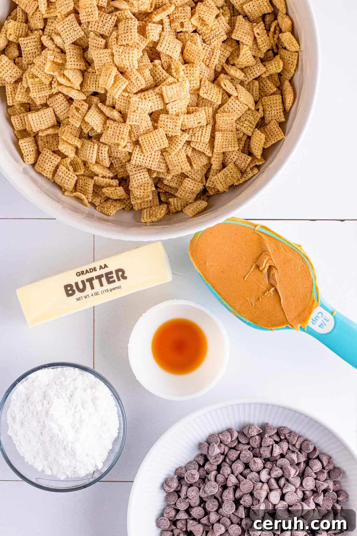 Ingredients needed to make Muddy Buddy Cookies.