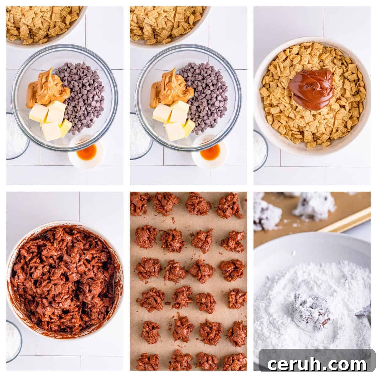 Step by step photos on how to make Muddy Buddy Cookies.