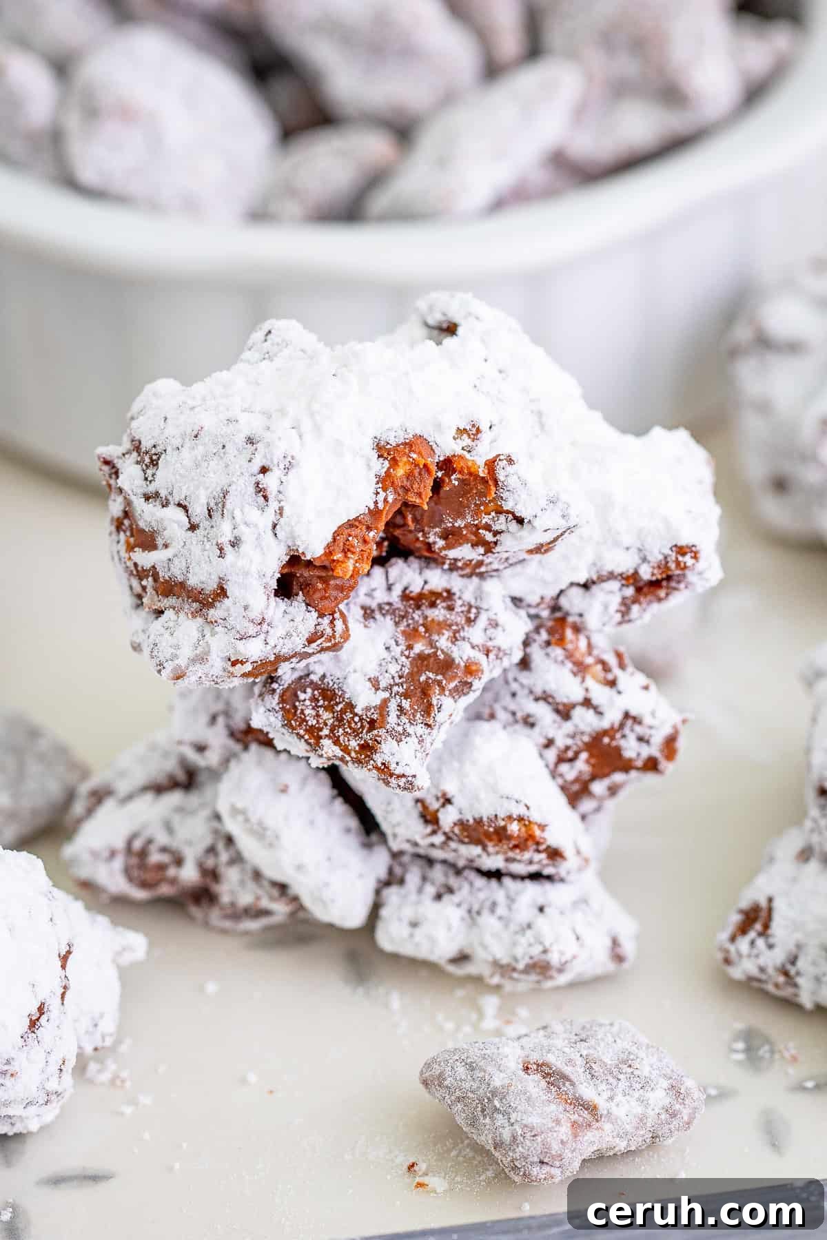 Close up of stacked Muddy Buddy Cookies.