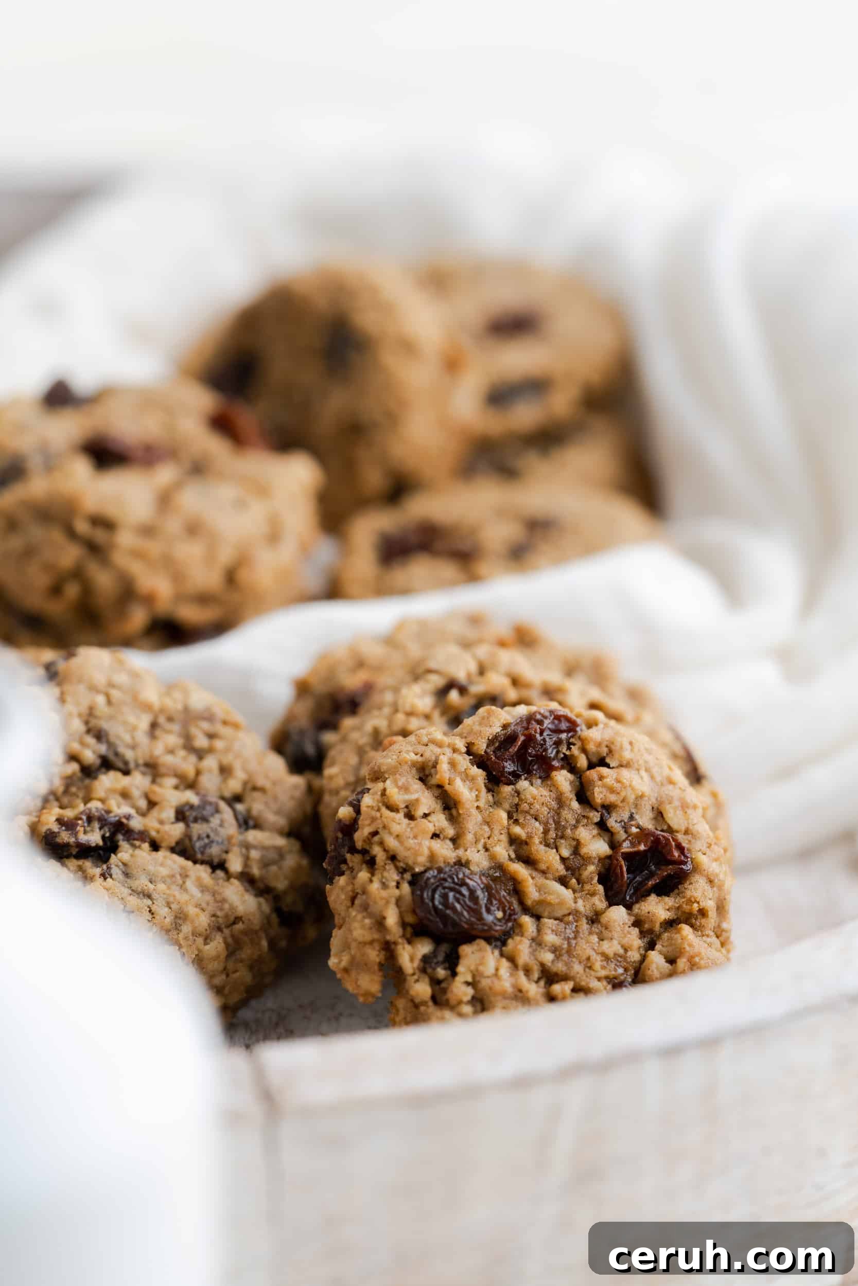 Soft Chewy Oatmeal Raisin Cookies That Stay Moist Longer 5 Oatmeal cookies with raisins on a serving platter.