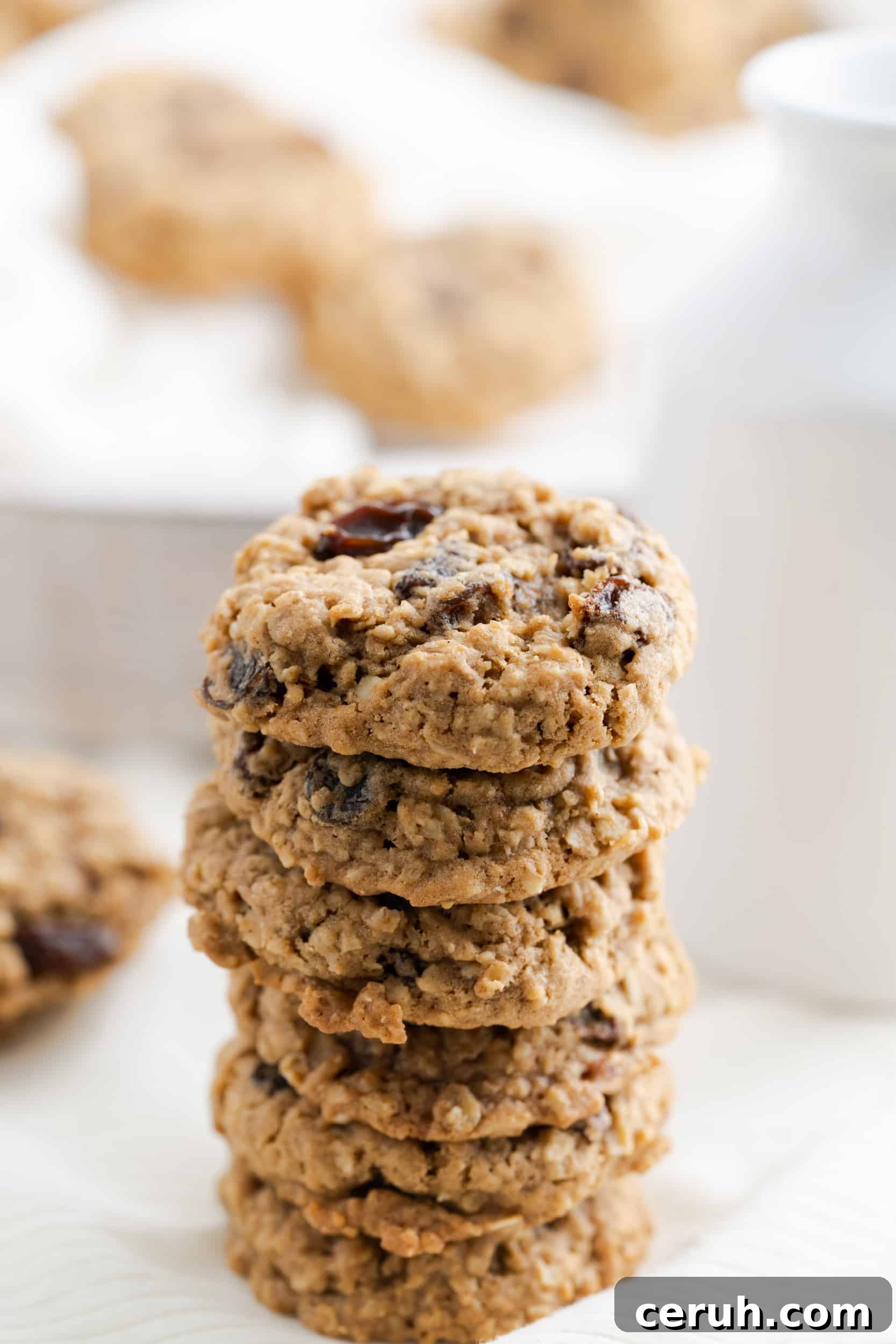 Soft Chewy Oatmeal Raisin Cookies That Stay Moist Longer 6 Stacked oatmeal raisin cookies with white background.