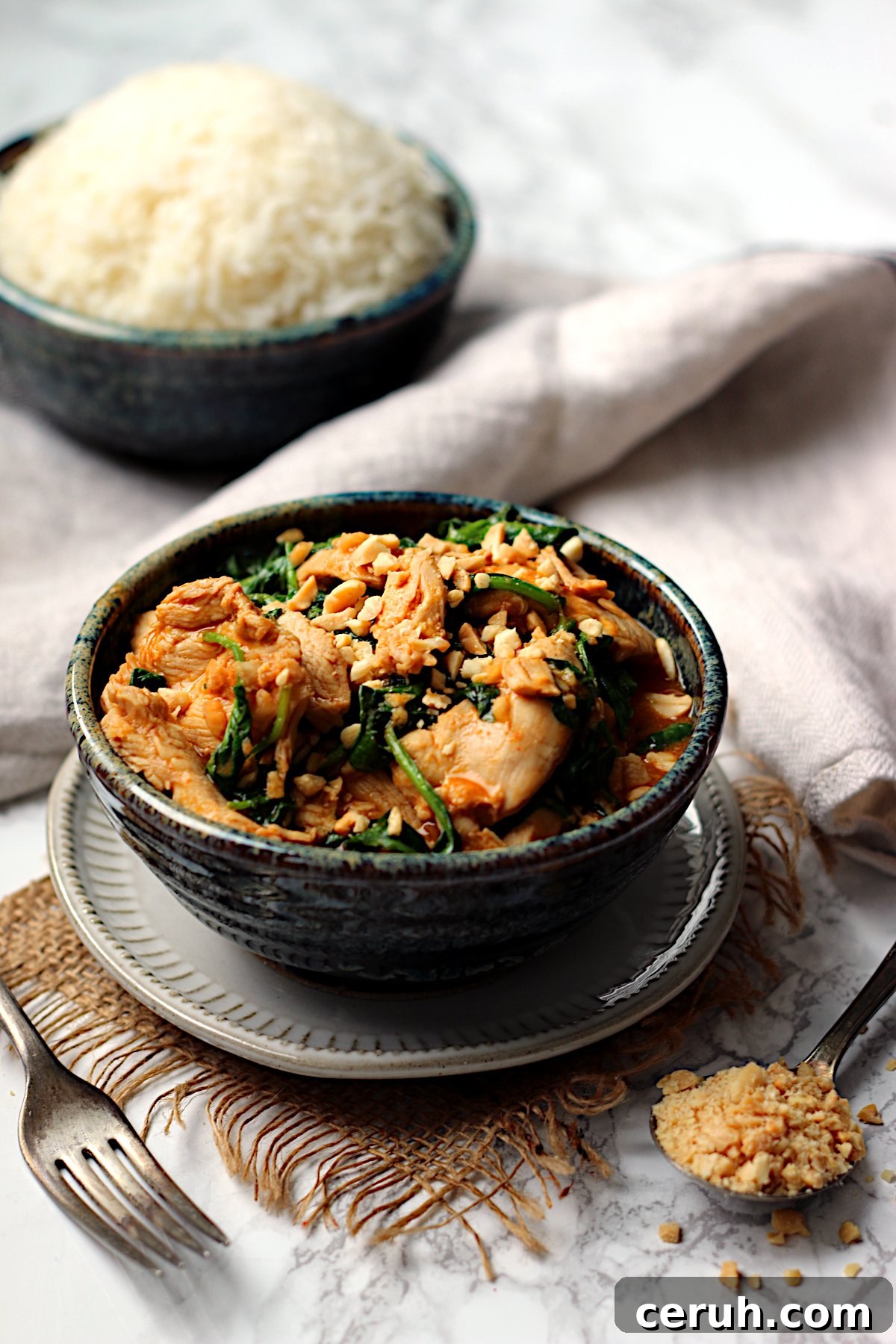 Thai Rama Chicken in Creamy Peanut Sauce Recipe 3 Thai Swimming Rama Chicken in a bowl.