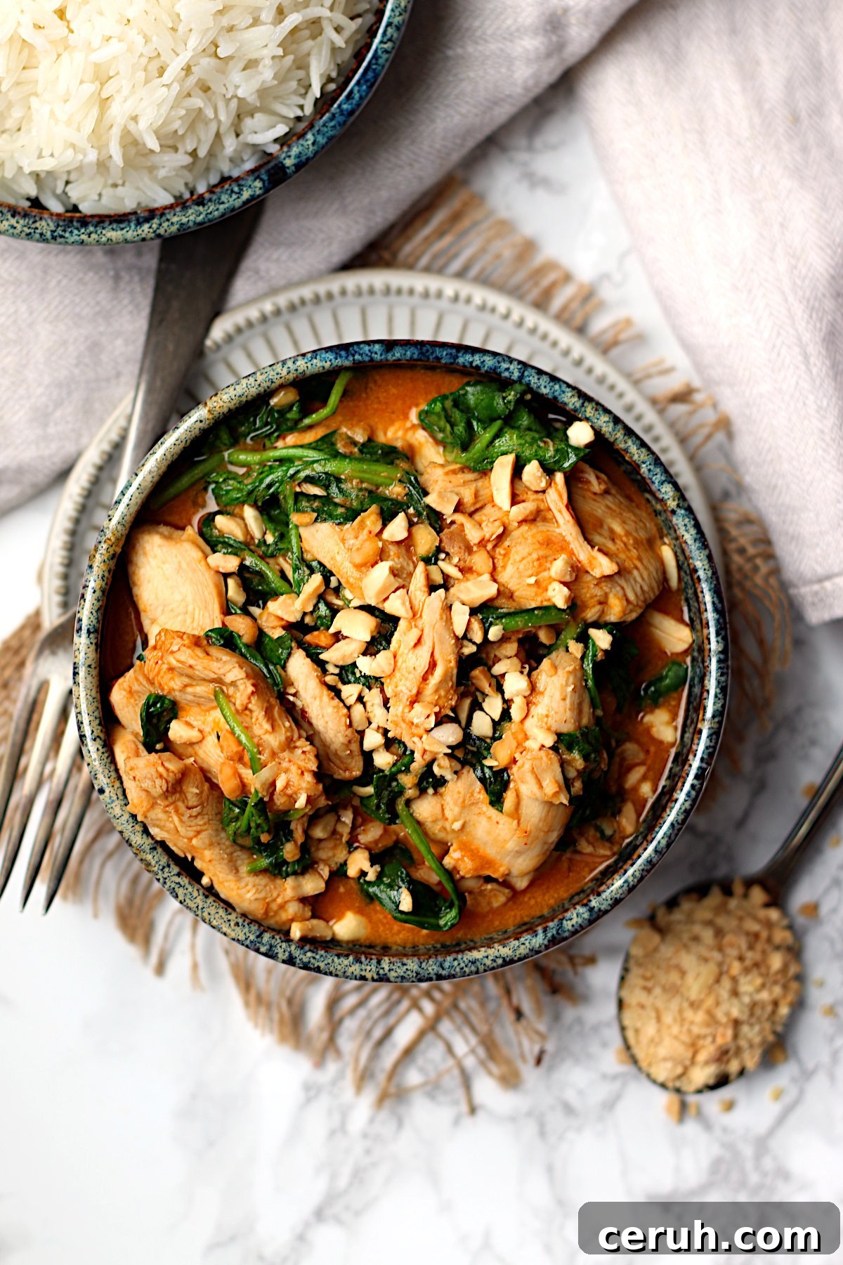 Thai Rama Chicken in Creamy Peanut Sauce Recipe 4 Overhead photo of Thai Swimming Rama Chicken in a bowl.