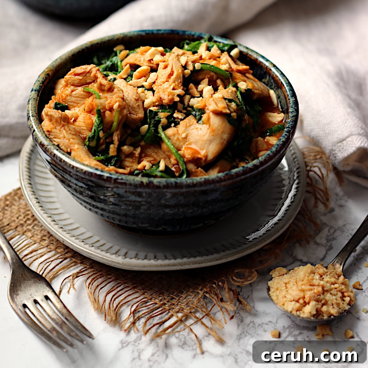 Thai Rama Chicken in Creamy Peanut Sauce Recipe 9 Thai Swimming Rama Chicken in a bowl.