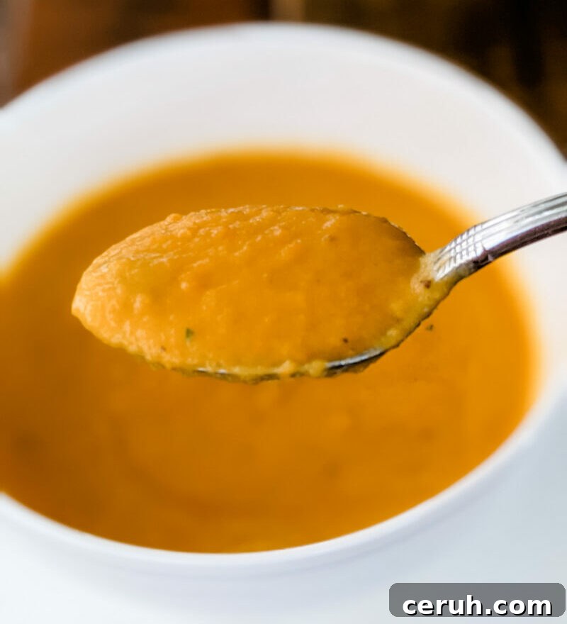 Savory Carrot and Pear Soup Recipe for Cozy Weeknights 2 A spoon with some of the Carrot Pear Soup held above its bowl
