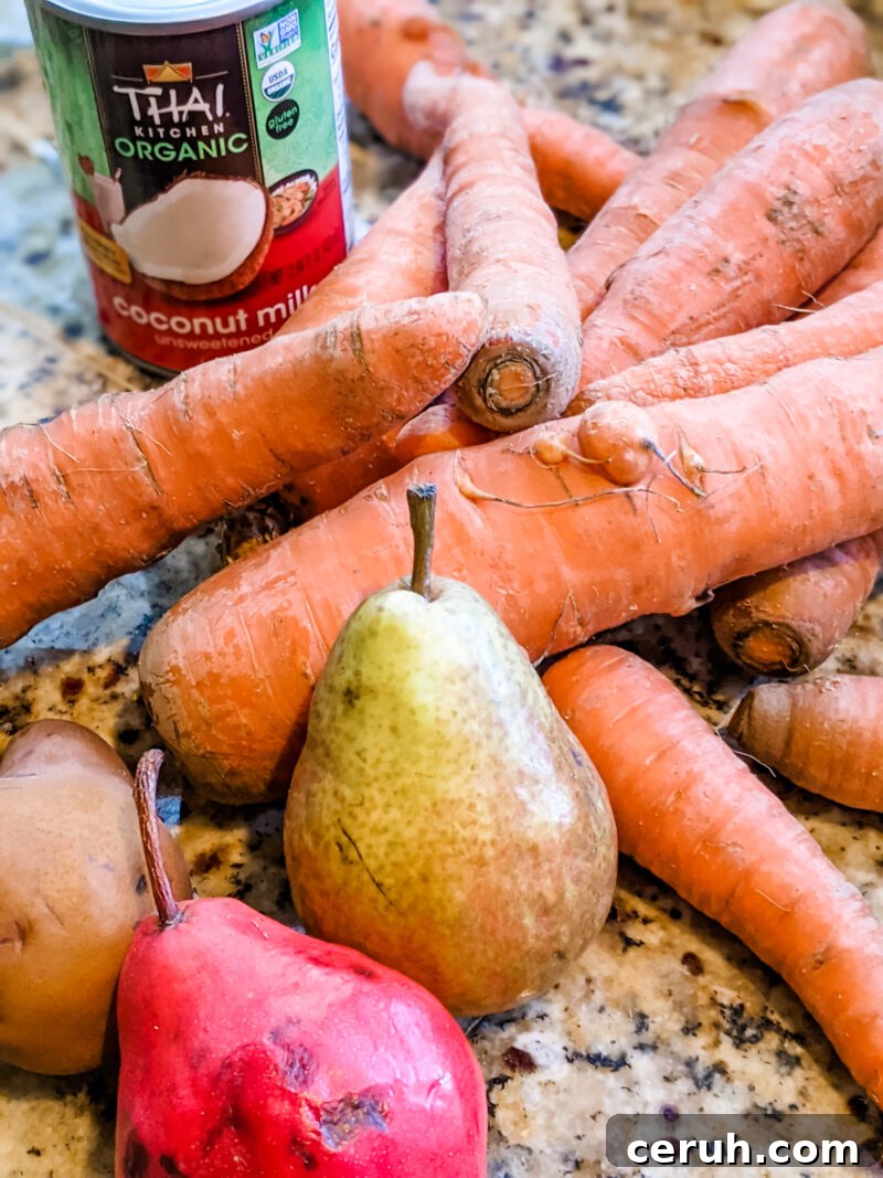 Savory Carrot and Pear Soup Recipe for Cozy Weeknights 3 The main ingredients for the Carrot Pear Soup - coconut milk, pears, and carrots.