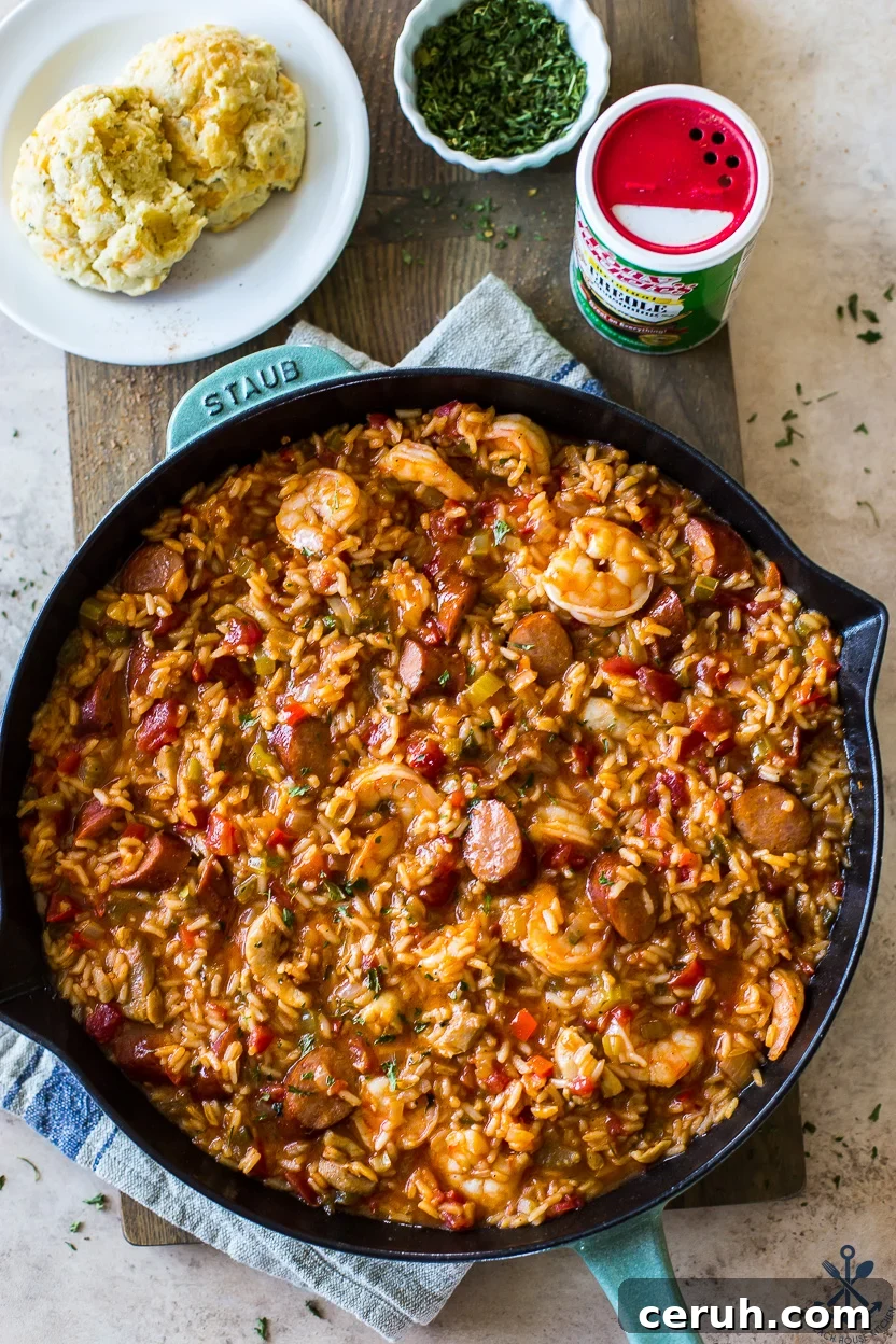 Overhead photo of a skillet of jambalaya