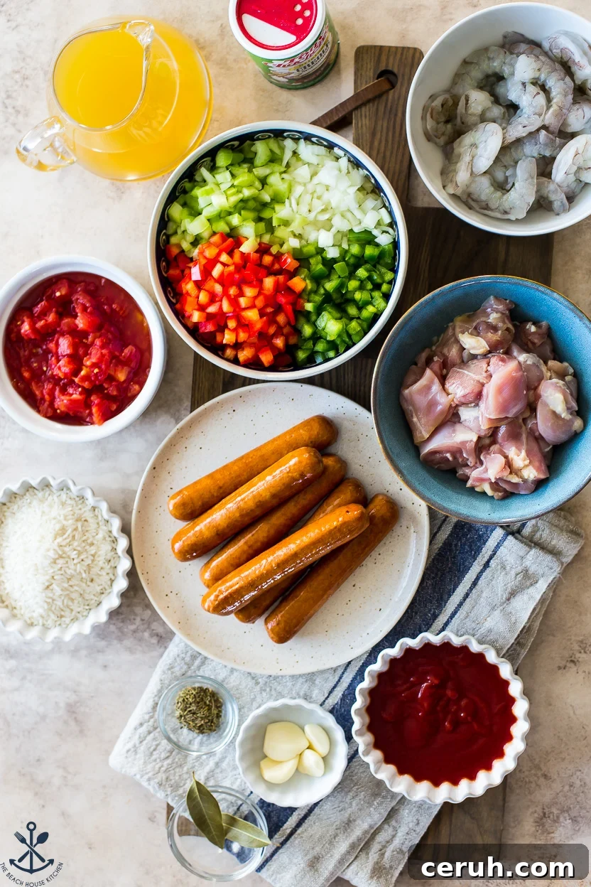 Overhead photo of ingredients for jambalaya recipe