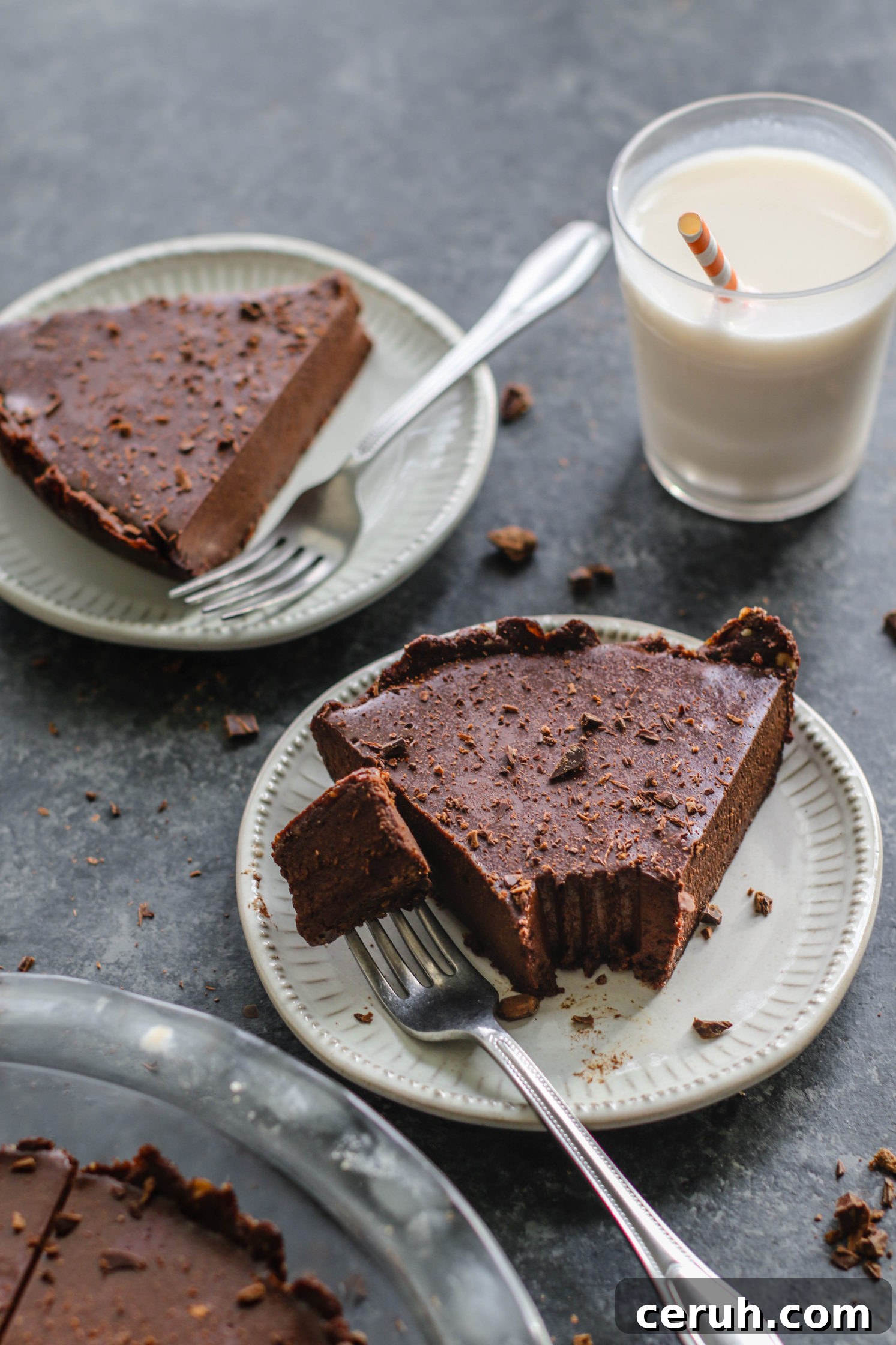 Vegan Chocolate Pie sliced and plates with almond milk by Flora & Vino