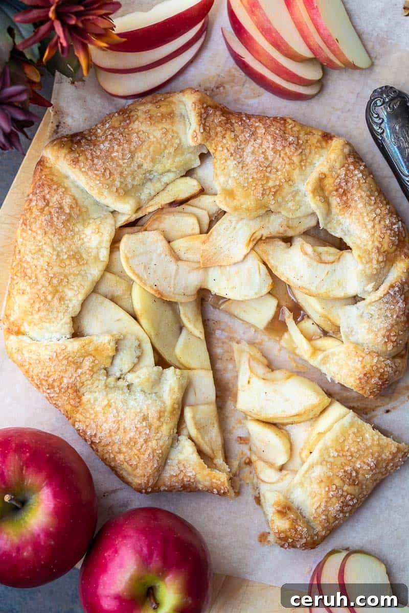 A rustic apple galette with one slice cut out, surrounded by whole red apples and apple slices. The pastry is golden and sprinkled with sugar. Autumn leaves decorate the corners.