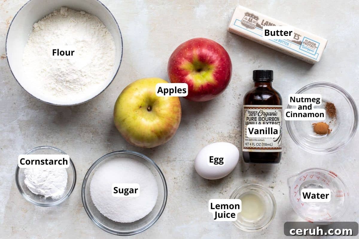 Top view of ingredients for baking on a light surface: a bowl of flour, apples, a stick of butter, a bowl of cornstarch, a bowl of sugar, an egg, vanilla extract, lemon juice, nutmeg and cinnamon mix, and water. Each is labeled.
