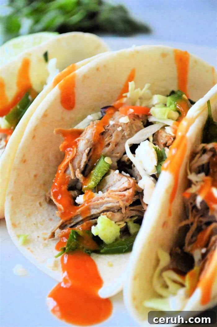 A close-up of soft tacos filled with shredded pork and garnished with fresh toppings, drizzled in a vibrant orange sauce, offers a tantalizing twist for those exploring leftover pork loin recipes as well.