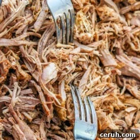 Close-up of shredded pulled pork made from leftover pork loin, with two silver forks on top.