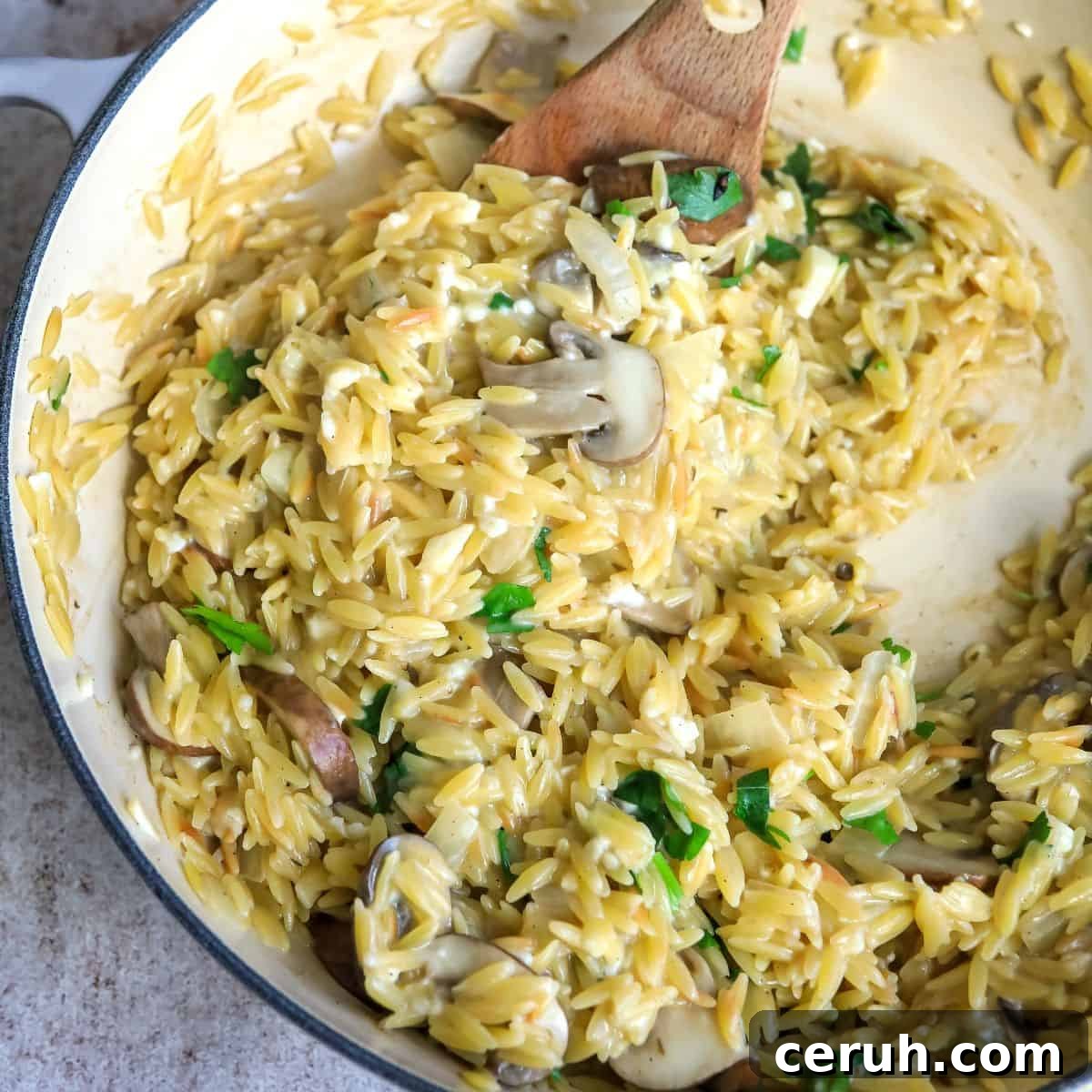 Creamy orzo up close in a large skillet. 