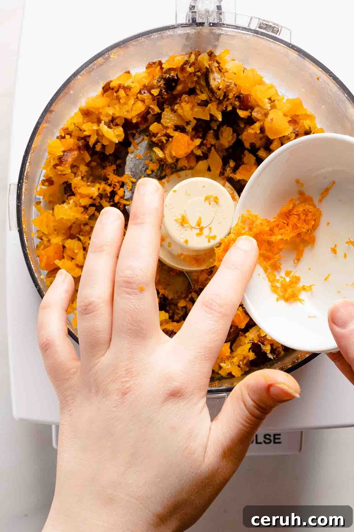 orange zest being added to dried fruit in food processor.