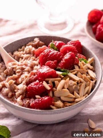 bowl of oatmeal topped with raspberries and almonds
