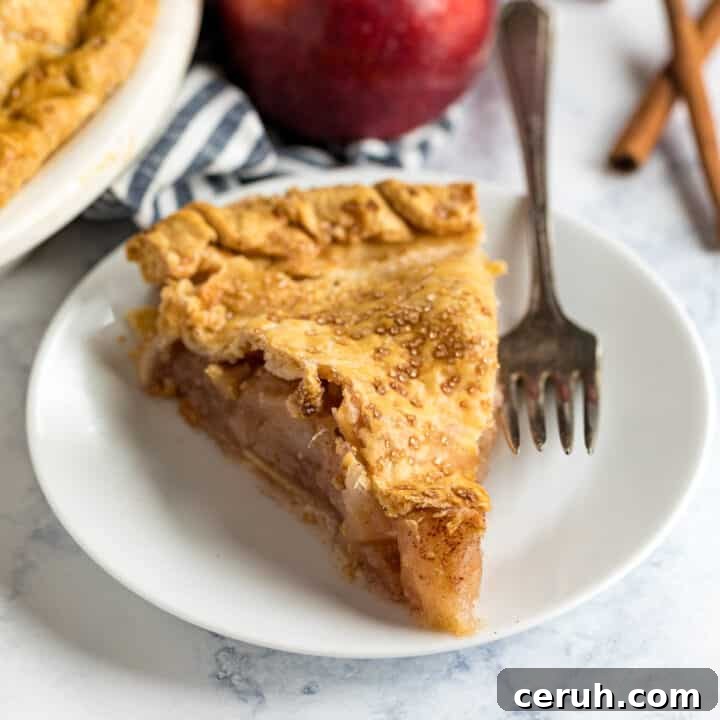 A slice of bourbon apple pie with a fork on the plate.