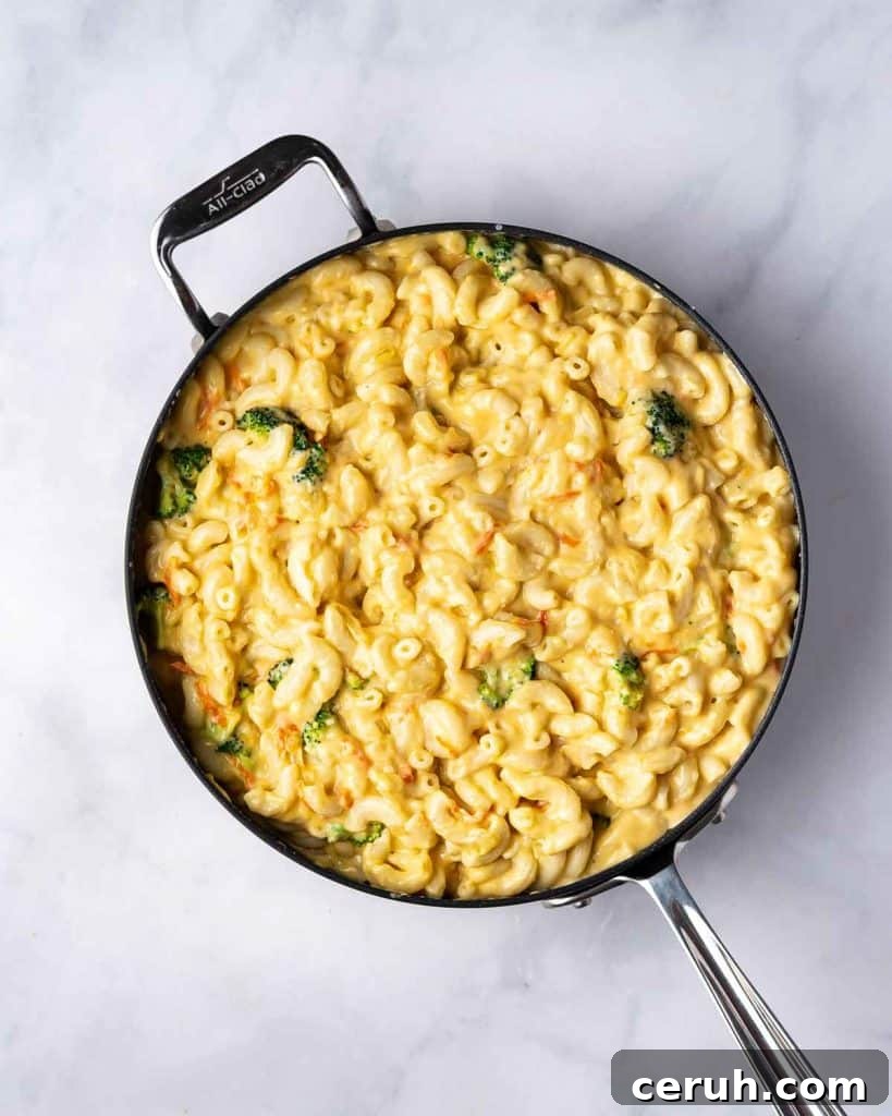 Pan of copycat panera broccoli cheddar mac and cheese.