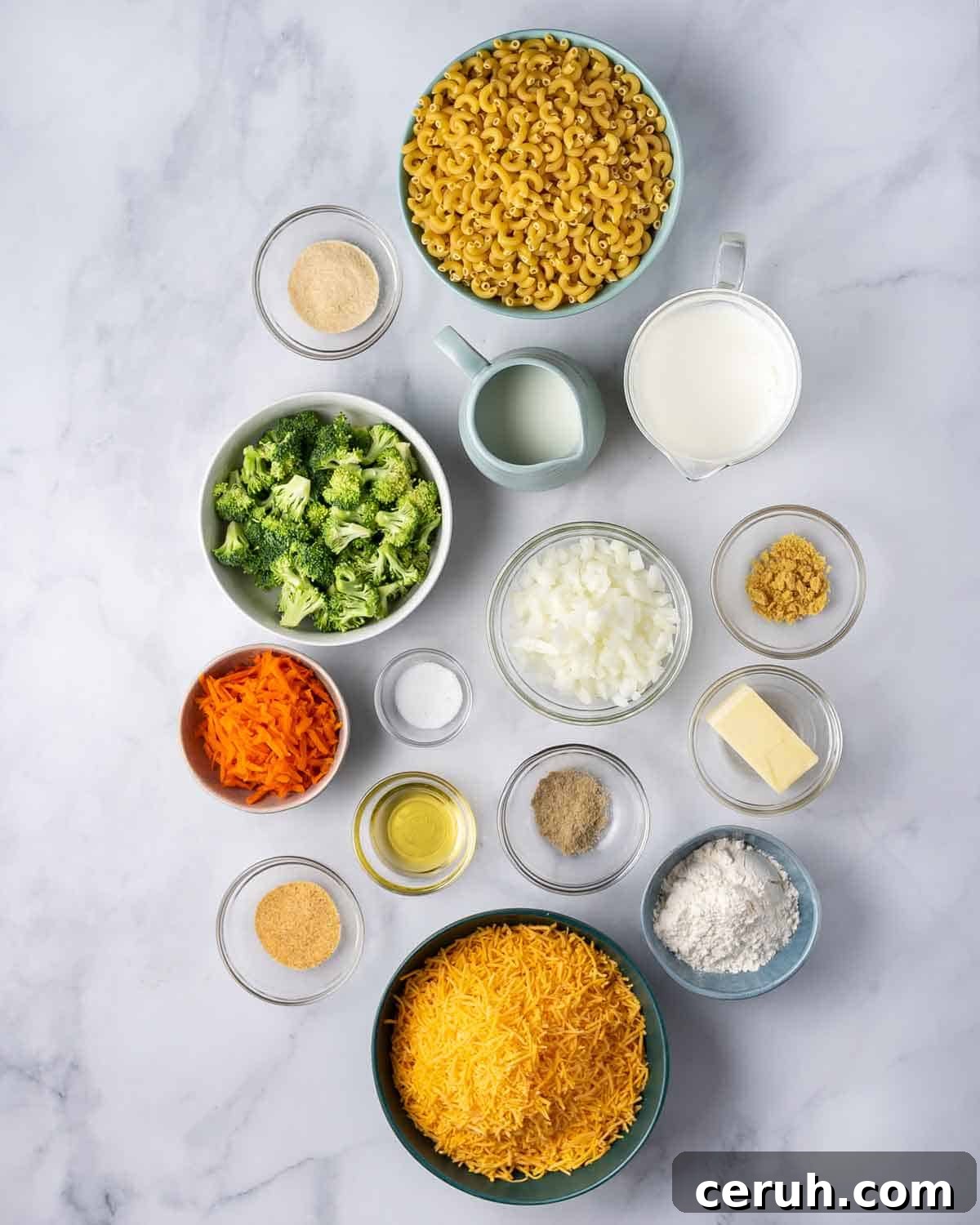 Ingredients needed to make copycat panera broccoli cheddar mac and cheese.