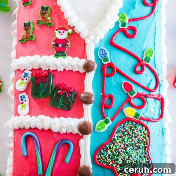 overhead shot of ugly sweater cake