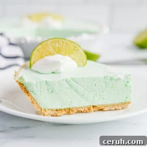 A slice of Lime Pie topped with whipped cream and a lime slice on a plate.