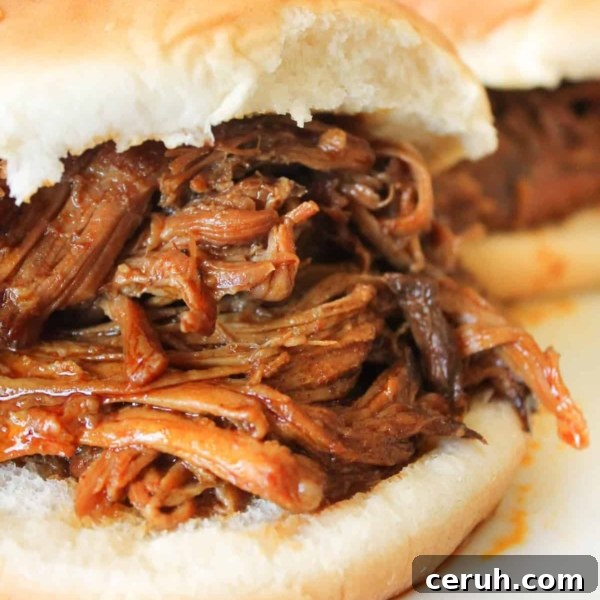A close-up of a sandwich with shredded barbecue meat filling on a white bun, with another similar sandwich in the background.