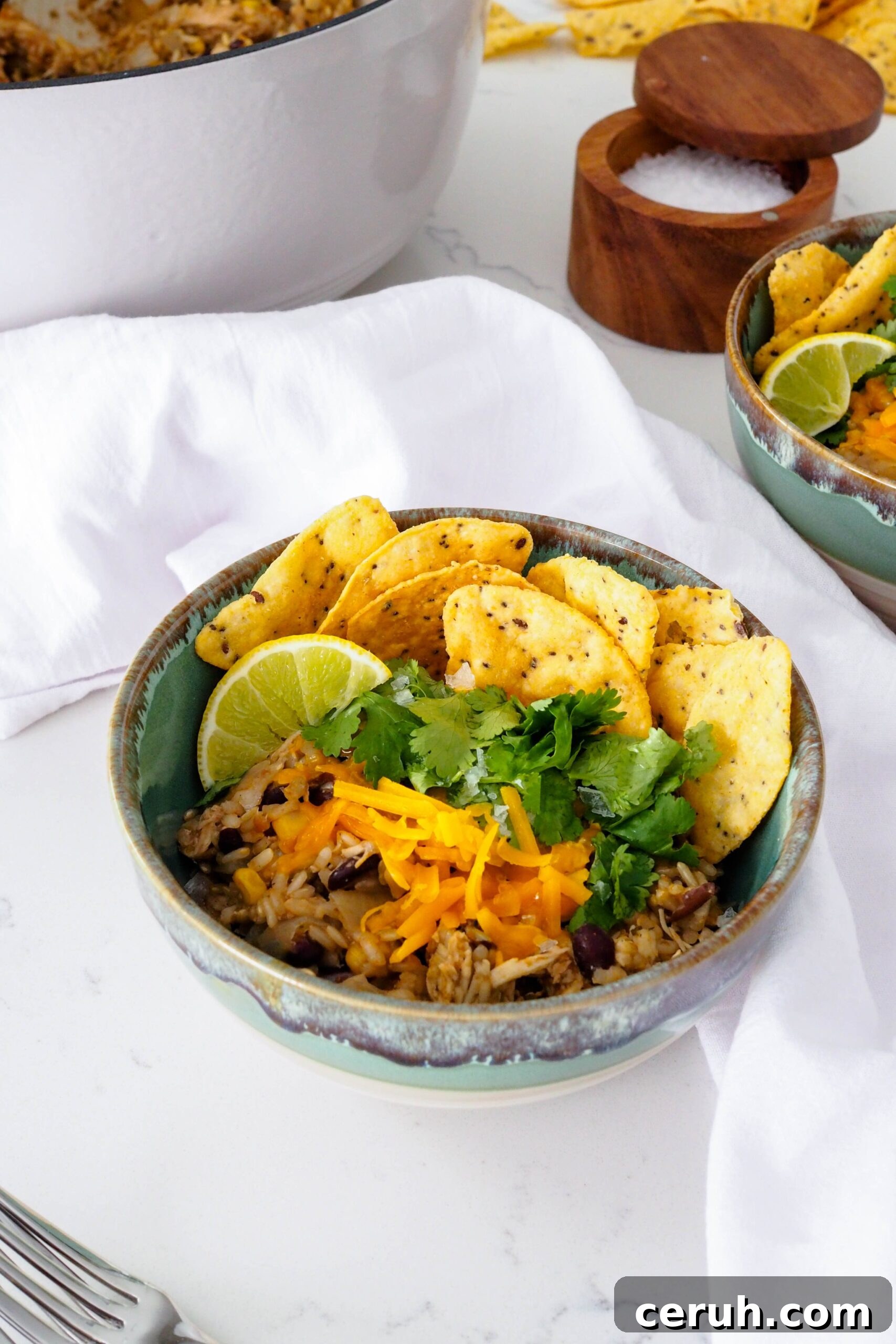 A bowl of one-pot chicken and brown rice with a fork in the foreground.