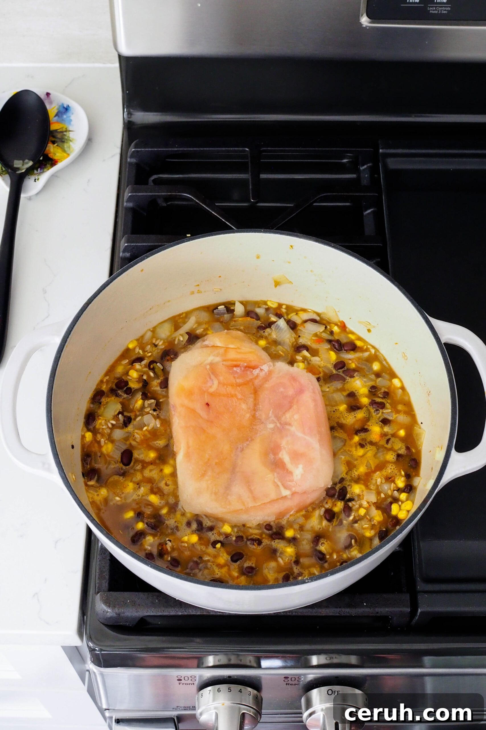 Two frozen chicken breasts are placed on top of a casserole in a Dutch oven.