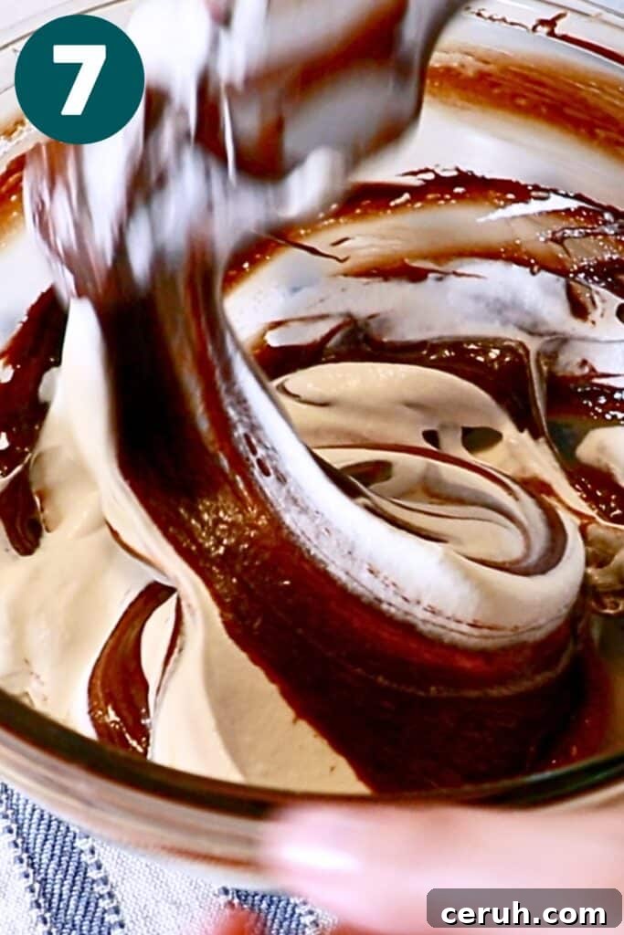 folding the chocolate mixture and whipped cream