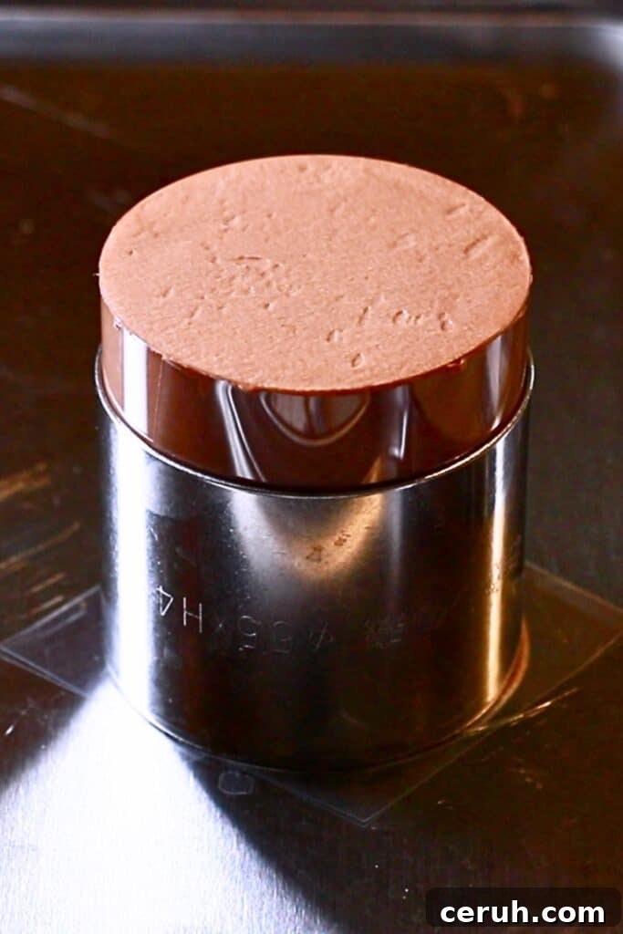 mini chocolate mousse cake in a cake ring before freezing it