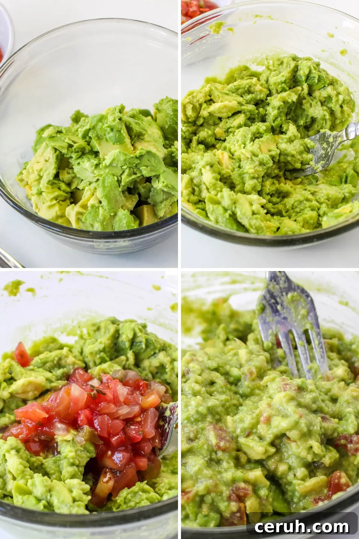 Collage of images showing how to make guacamole.