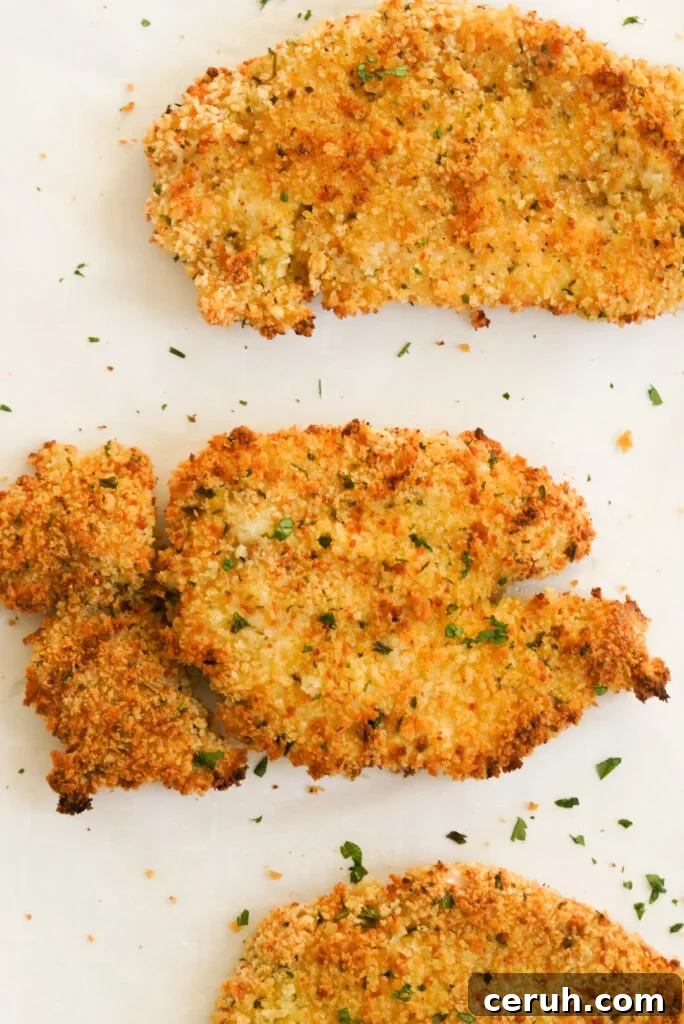 flat lay shot of 3 thin chicken cutlets that have been panko breaded and baked to golden perfection.