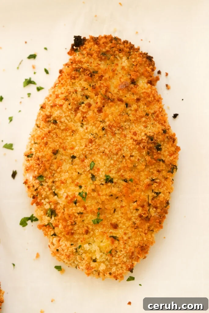 flat lay shot of an oven baked chicken cutlet.