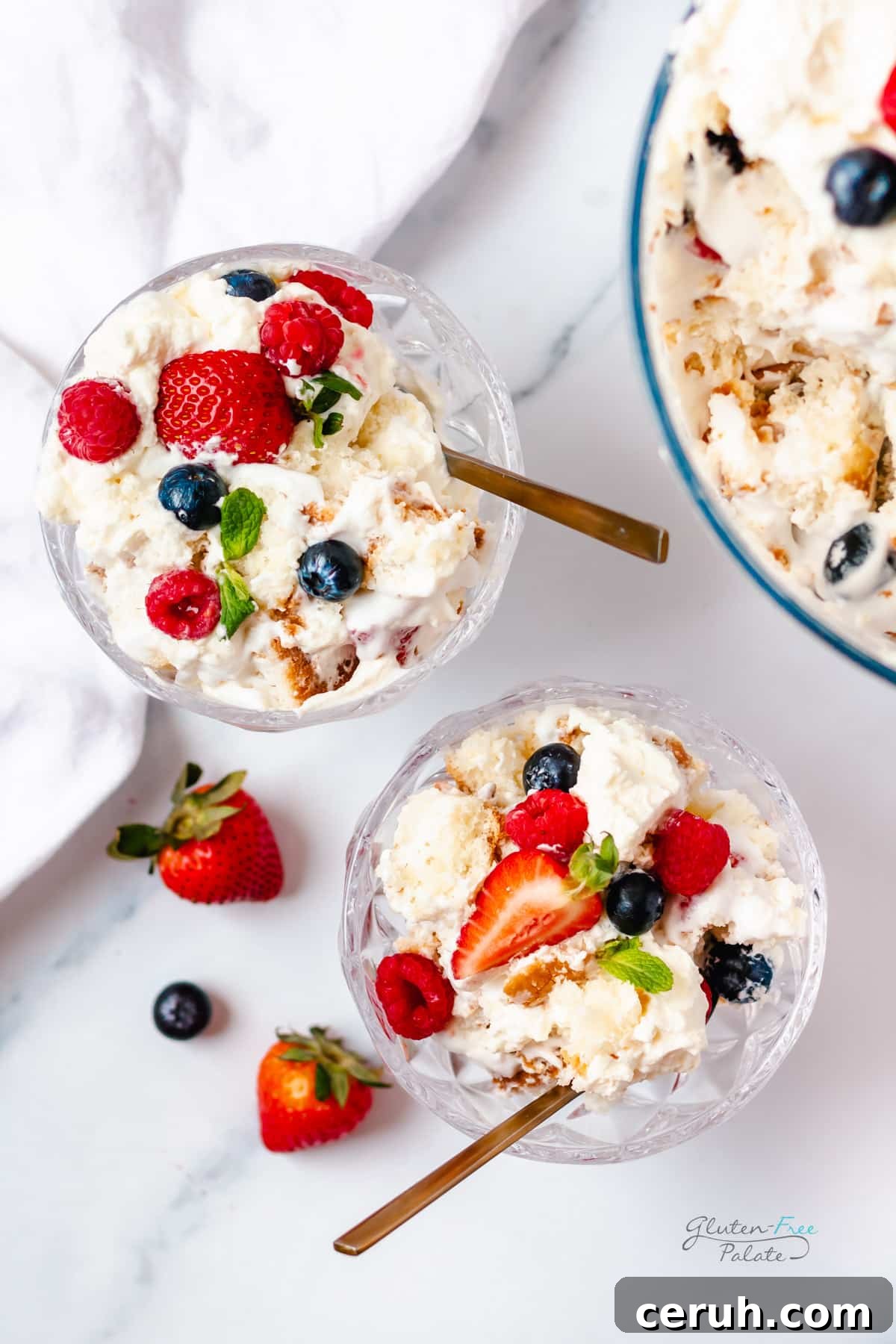 Gluten-Free Berry Trifle with Cake Layers and Whipped Cream 7 top down view of mini gluten free trifles