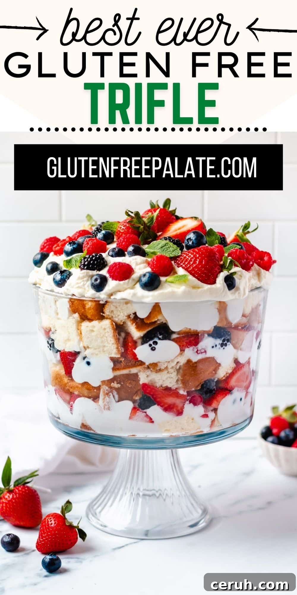 Gluten-Free Berry Trifle with Cake Layers and Whipped Cream 8 pinterest pin collage for gluten free trifle
