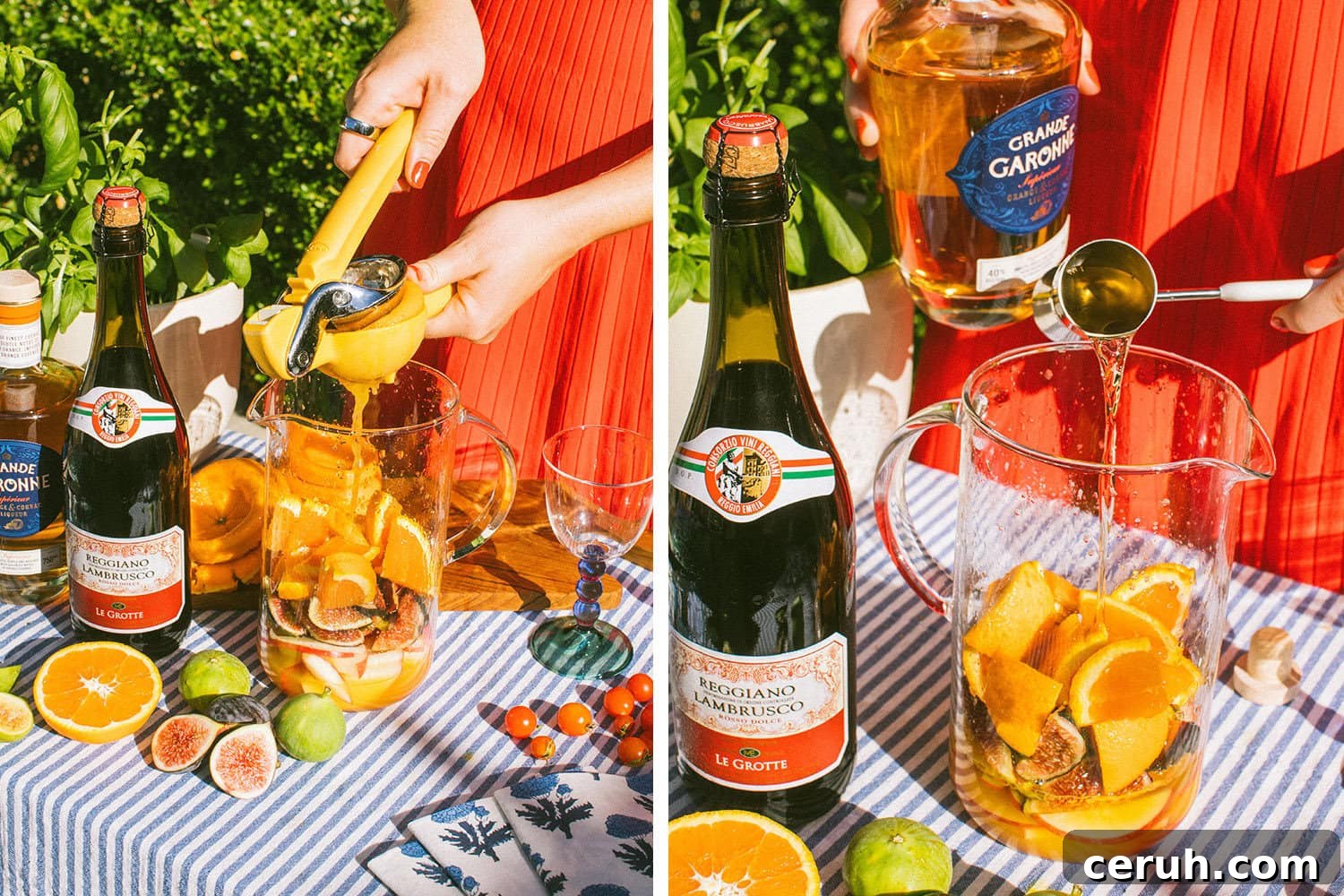 squeeze orange juice into the large pitcher of slices fruit and then add the liqueur on top of it