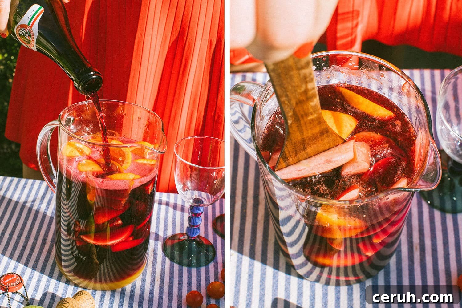 adding lambrusco to the pitcher and stirring it