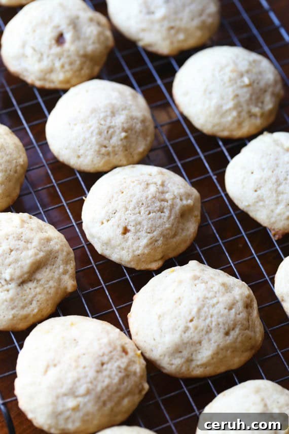 Bake and then cool. Baked banana cookies on a wire rack.