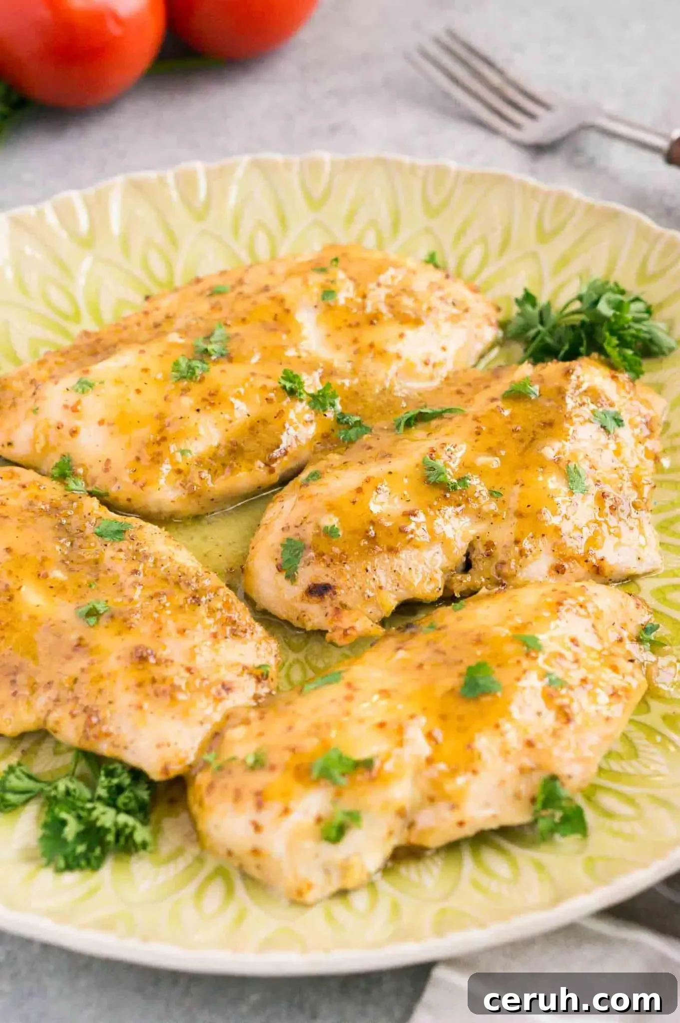 chicken recipe in honey mustard sauce on a plate