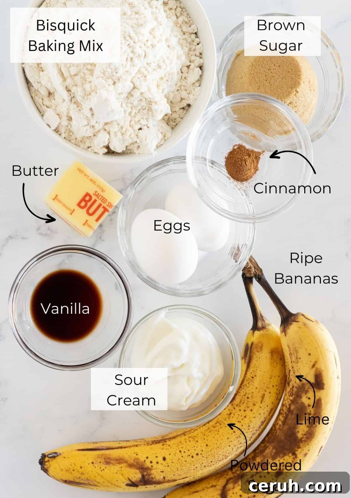 The ingredients needed to make banana muffins with bisquick.