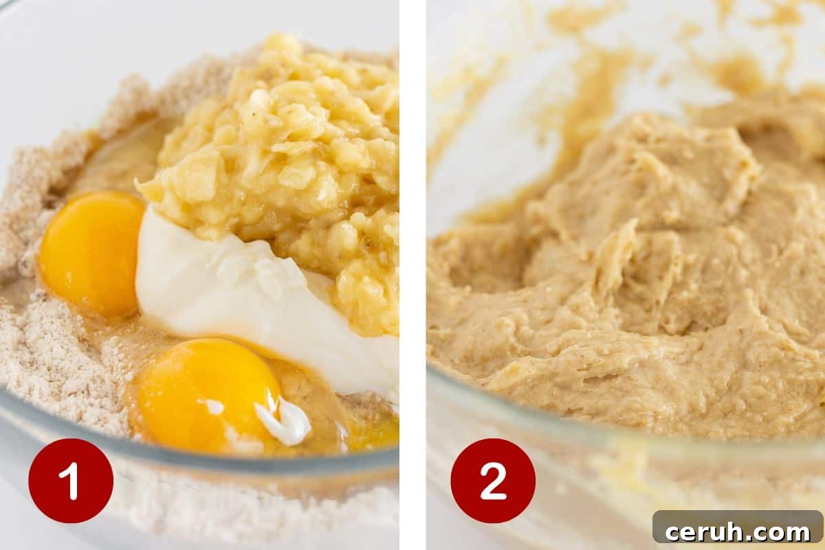 Steps 1 and 2 of making banana muffins with bisquick. 1, whisk dry ingredient and add wet ingredients to a bowl. 2, mix the ingredients together being careful to not overmix.