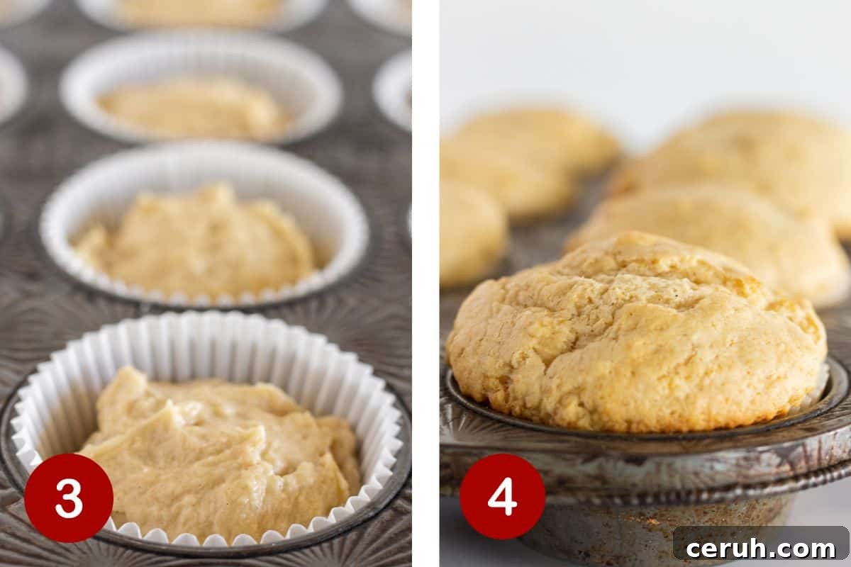 Steps 3 and 4 of making banana muffins. 3, fill muffin cups. 4, bake muffins.