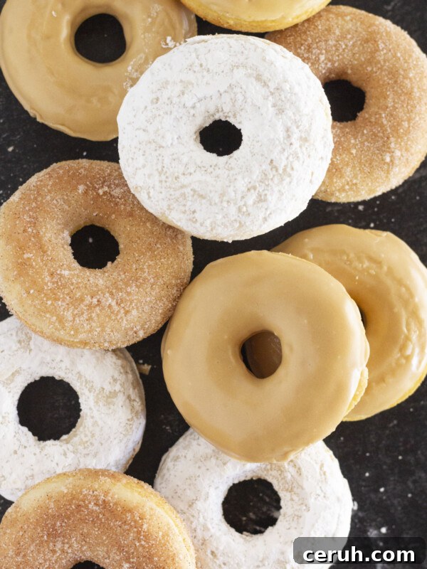 Pancake mix donuts with powdered sugar, cinnamon sugar and maple glaze.