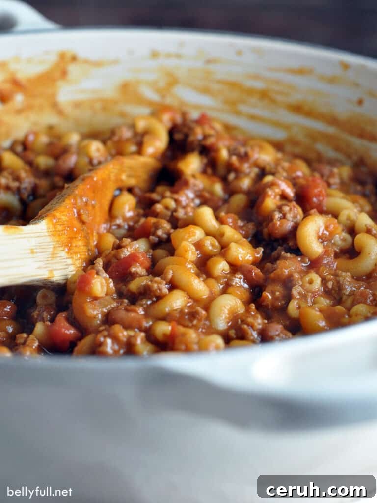 big pot of chili mac and cheese close up