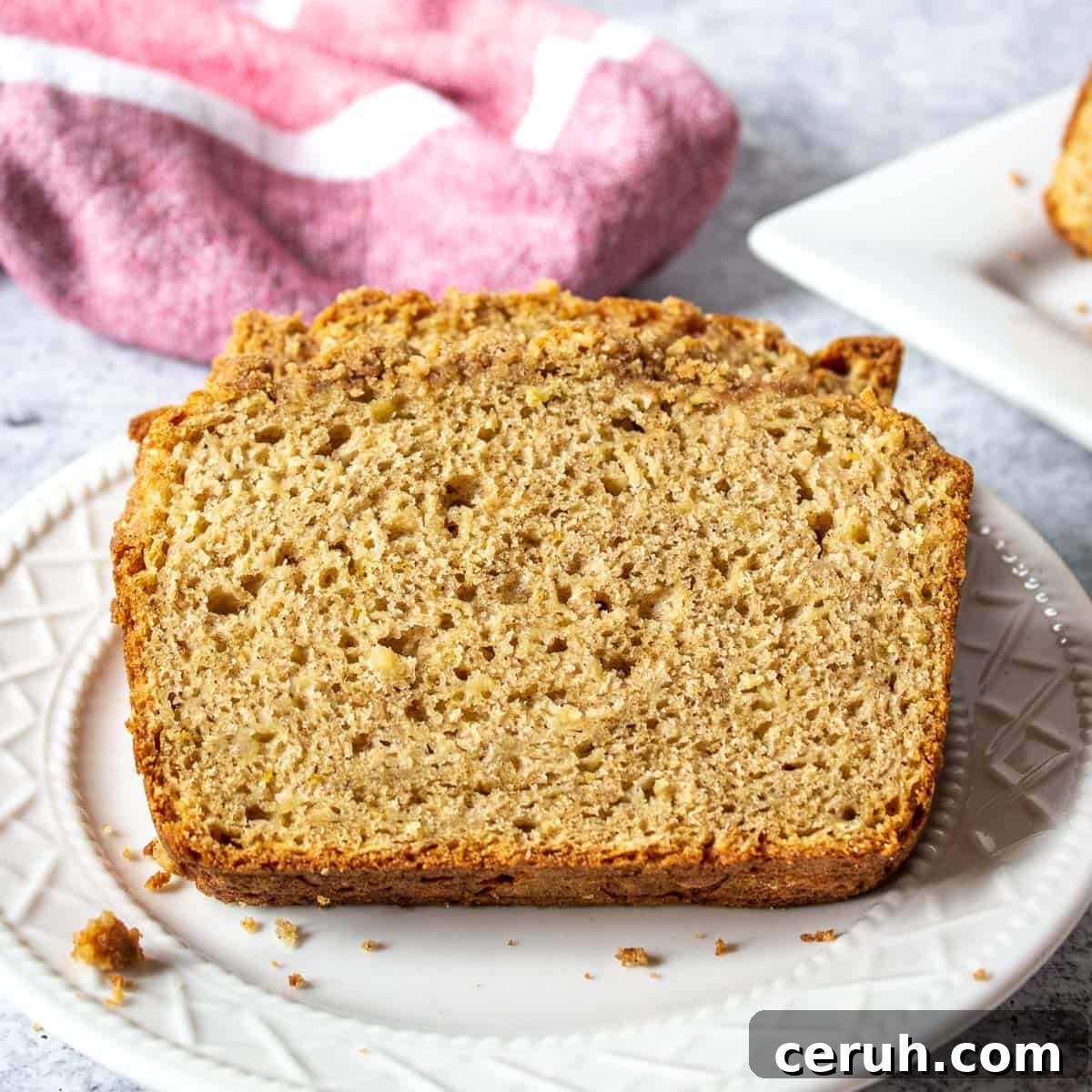 Slices of apple bread of a white plate.