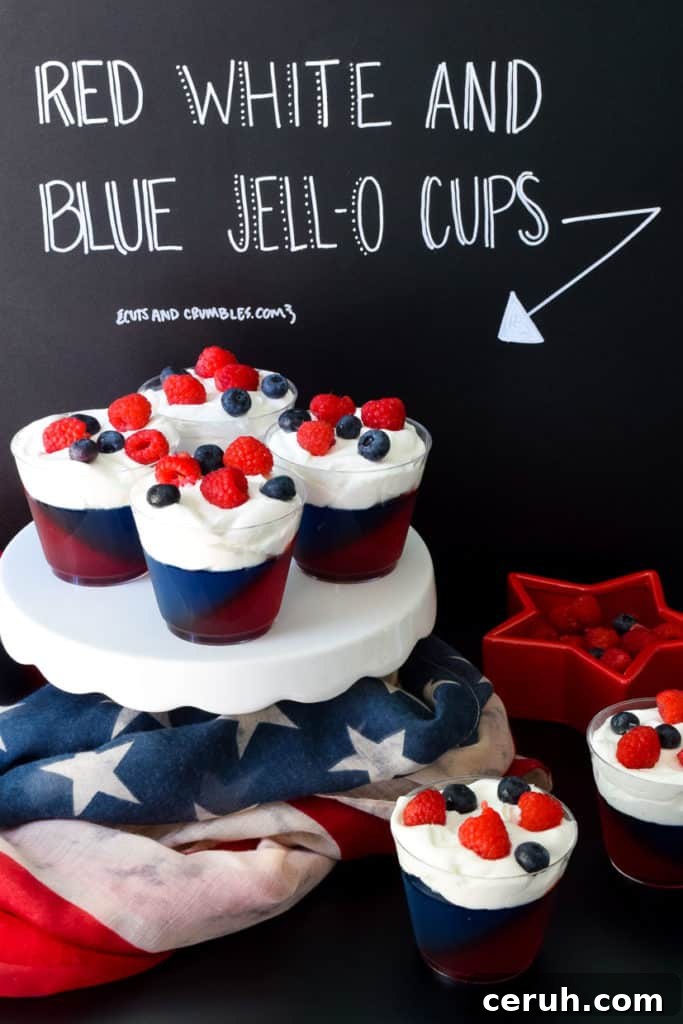 Red white and Blue Jell-O Cups with title written on chalkboard