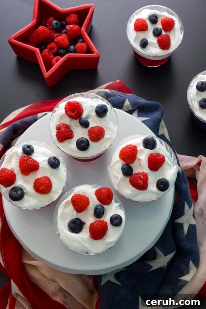 Red white and Blue Jell-O Cups with American scarf overhead shot