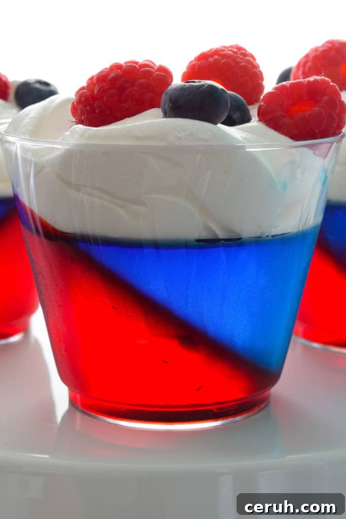 close up of Red white and Blue Jell-O Cup