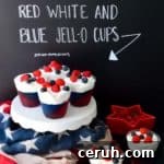 Red white and Blue Jell-O Cups with title written on chalkboard